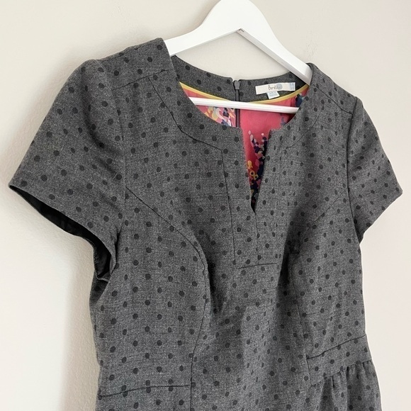 Boden Wool Blend Polka Dot Floral Lined Tulip Split Neck Cap Sleeve Dress Grey 8 - Picture 3 of 9